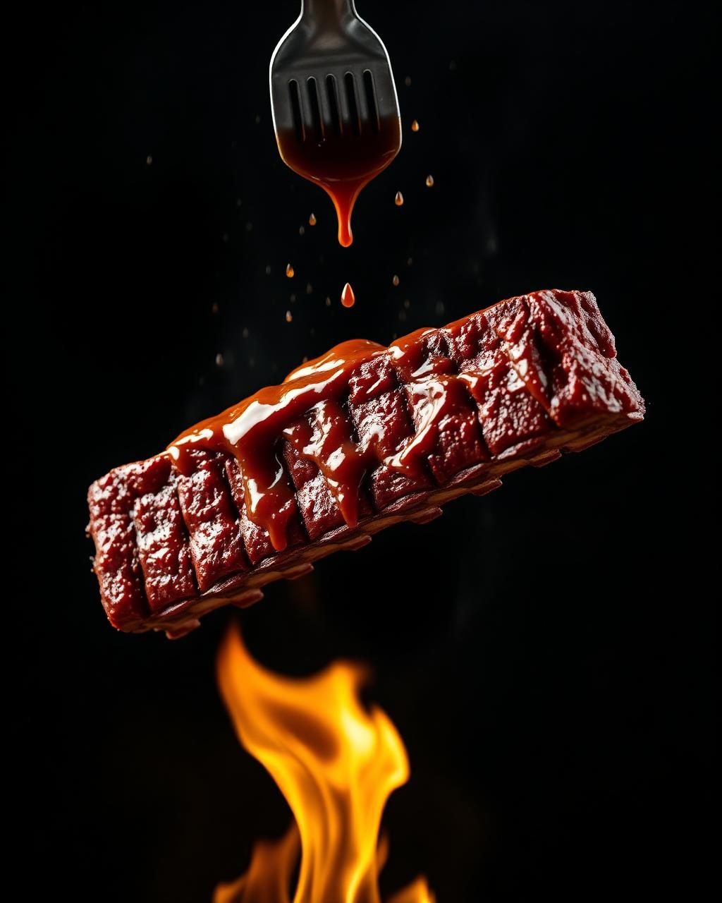 Sauce dripping over ribs in flame